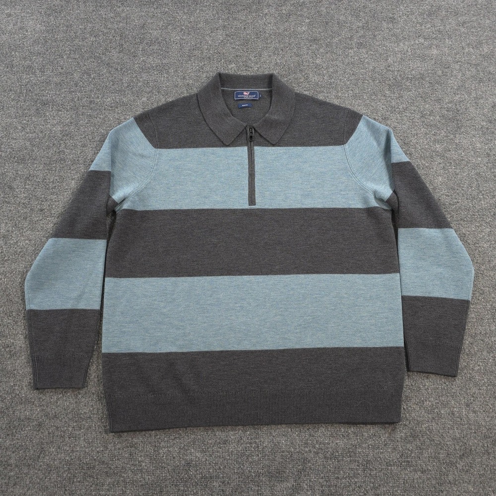 Vineyard Vines Sweater Mens 2XL Gray Blue Merino Wool 1/4 Zip Striped Collared